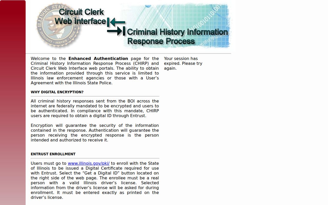 Wyoming criminal history CHIRP official access screen